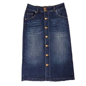 Copper Flash A-line Denim Blue Jean Stretchy Button Down Midi Skirt Fall Sz 6